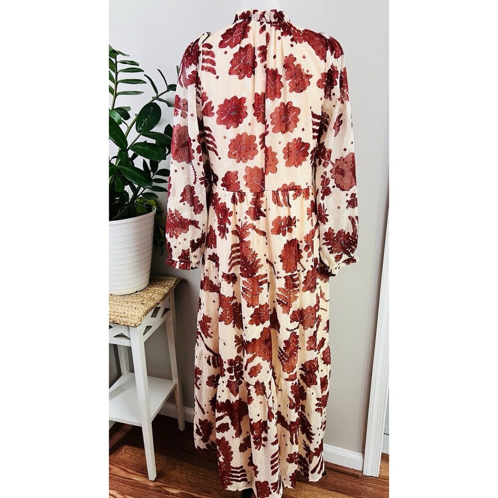 Polagram Cream & Red Big Rose Print Woven Flowy Maxi Dress Boho Prairie Small - Picture 8 of 12